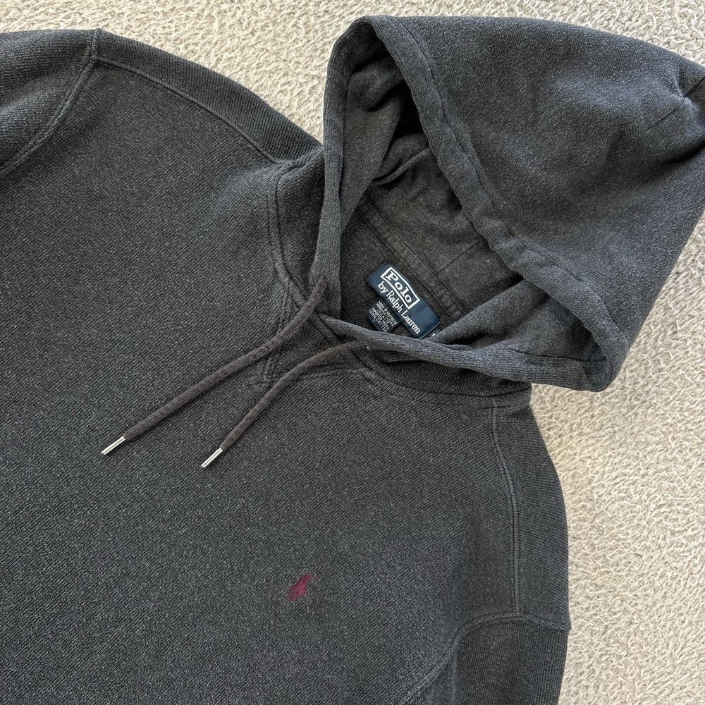 Polo Ralph Lauren Hoodie Sweatshirt Mens‎ Large Ribbed Charcoal Gray Purple Pony